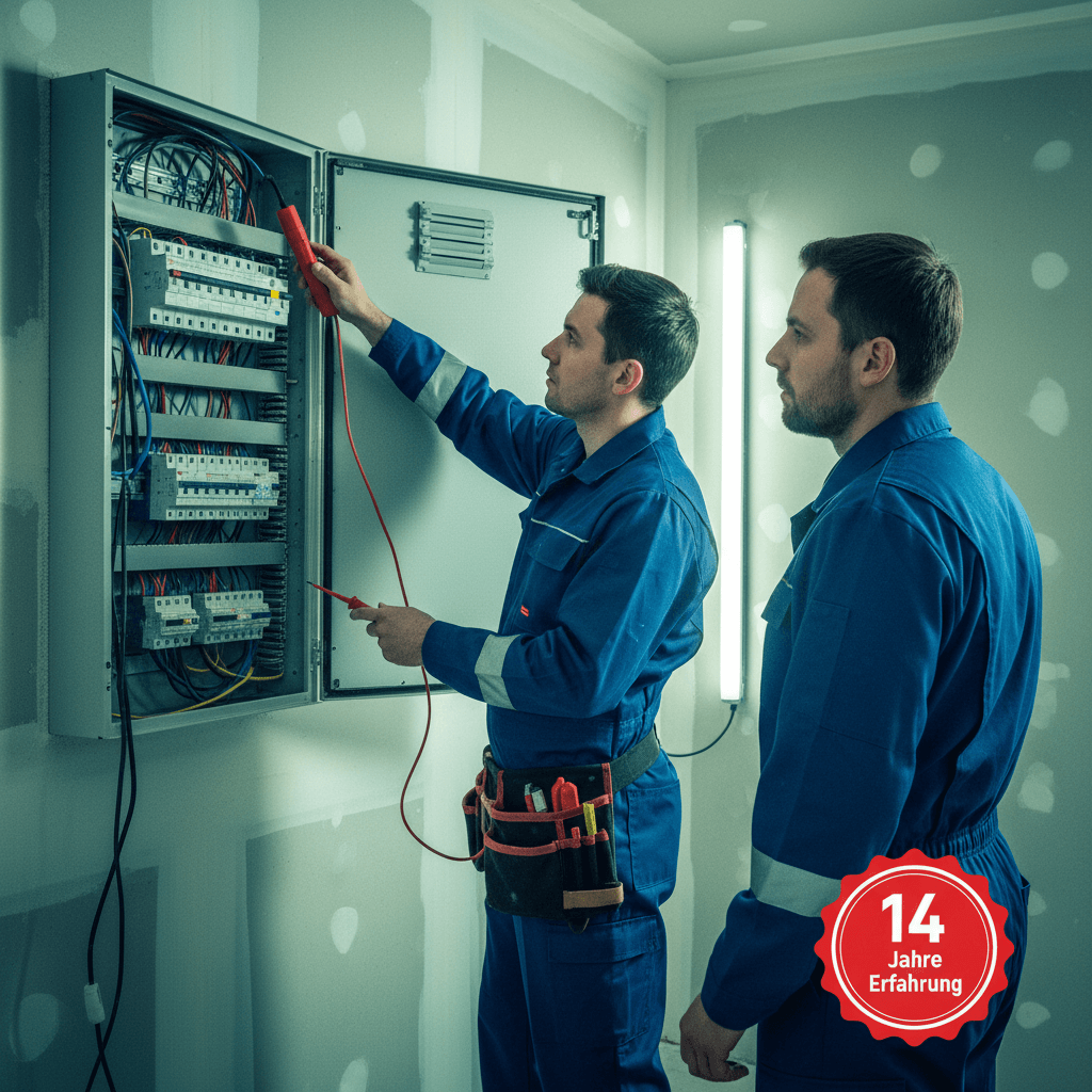 Erfahrenes Team von Elektroinstallateuren bei der Arbeit an einem Schaltkasten