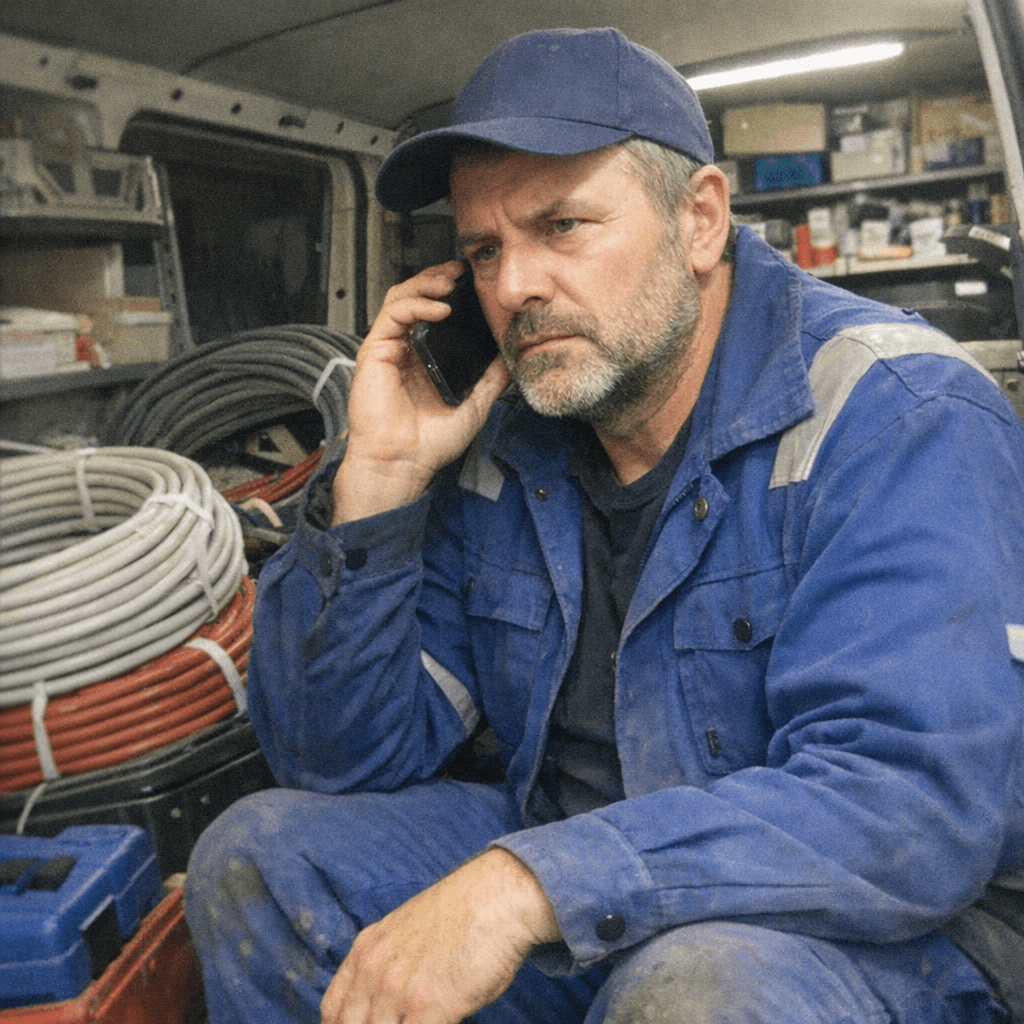 Professioneller Techniker bespricht Auftrag am Telefon für schnelle Hilfe und Reparatur